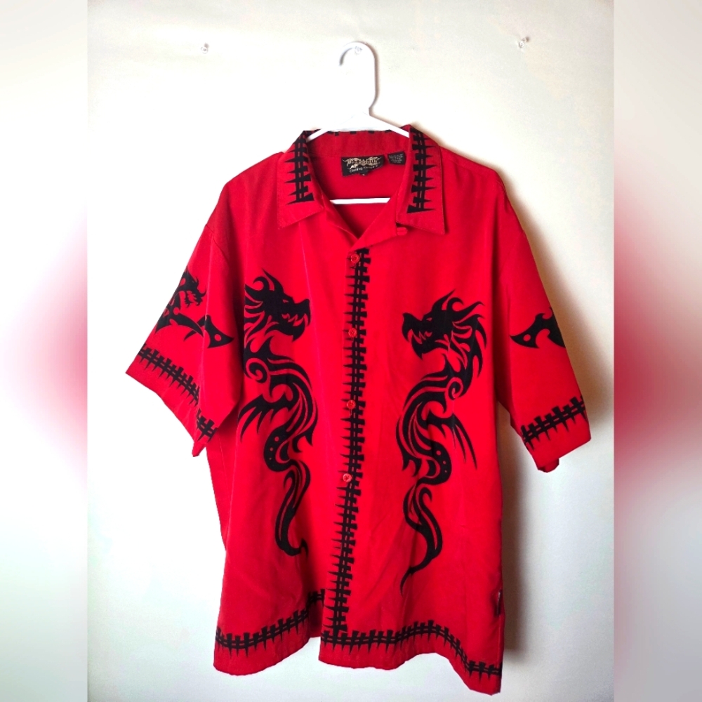 Dragonfly XL Vibrant Red & Black Casual Button Down Shirt With Dragon Designs